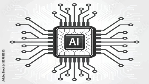 Artificial Intelligence Microchip Vector Illustration with Circuit Lines
