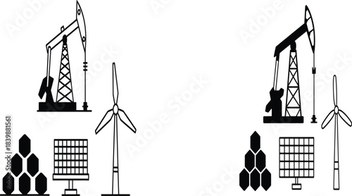 Energy Industry Vector Icons with Oil, Wind and Solar Power Symbols
