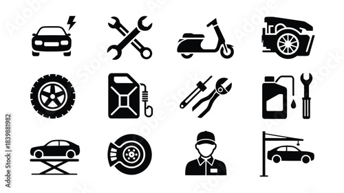 Automotive service and car repair icons set in black flat design
