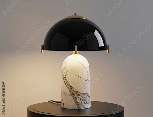 Elegant black and gold table lamp with marble base, showcasing modern design and warm lighting for