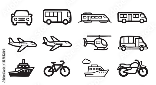 Modes of transport diverse set of vehicles illustrated icons concept
