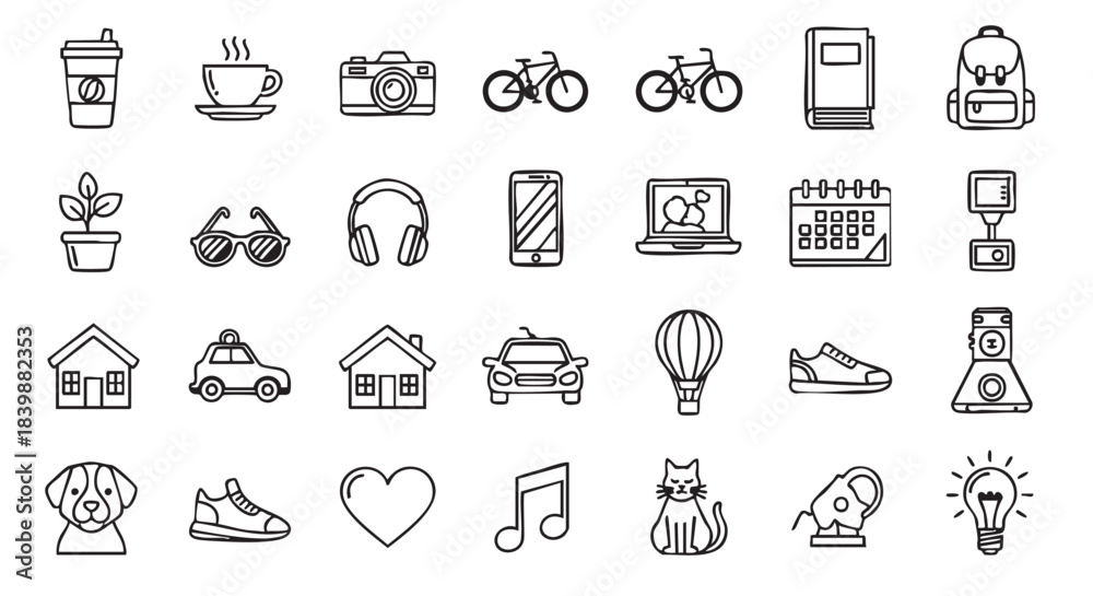 Fototapeta premium Outline doodle icon set lifestyle elements vector illustration collection