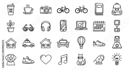Outline doodle icon set lifestyle elements vector illustration collection