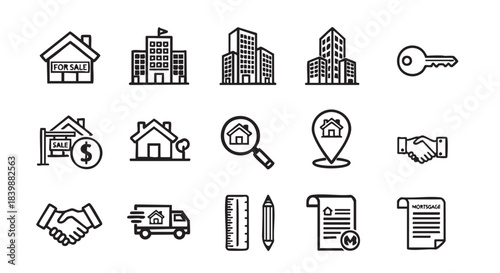 Real estate icon set includes house building handshake and moving truck