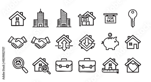Real estate property investment concept with various icons symbolizing housing search
