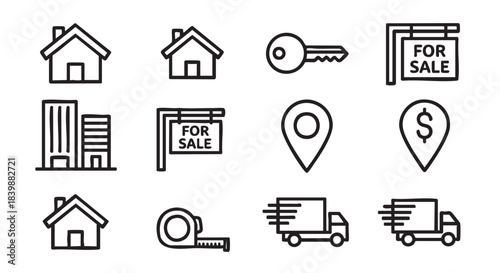 Real estate related icons representing houses buildings for sale and measurement tape