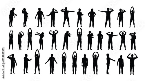 a collection of various human figures presented as dark shapes against a white background silhouette