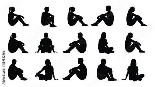 a collection of diverse human poses depicted in stark black shapes showcasing various seated and contemplative positions silhouette