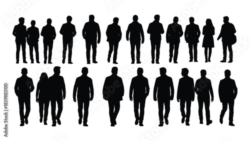 a collection of diverse human figures depicted as dark shapes against a white background presenting a striking silhouette