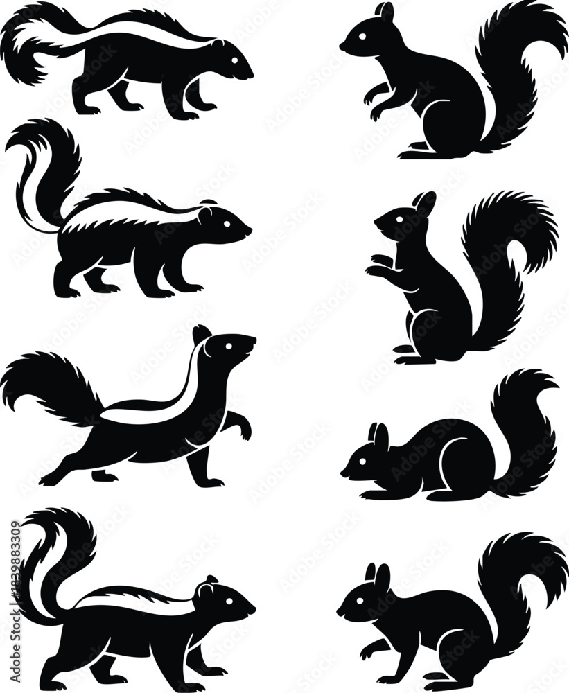 Obraz premium Skunk and Squirrel Silhouette Set, North American Woodland Animals Icon Pack, Skunk and Squirrel Graphic Collection, Striped Skunk and Squirrel Poses, silhouette, vector, illustration