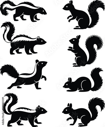 Skunk and Squirrel Silhouette Set, North American Woodland Animals Icon Pack, Skunk and Squirrel Graphic Collection, Striped Skunk and Squirrel Poses, silhouette, vector, illustration