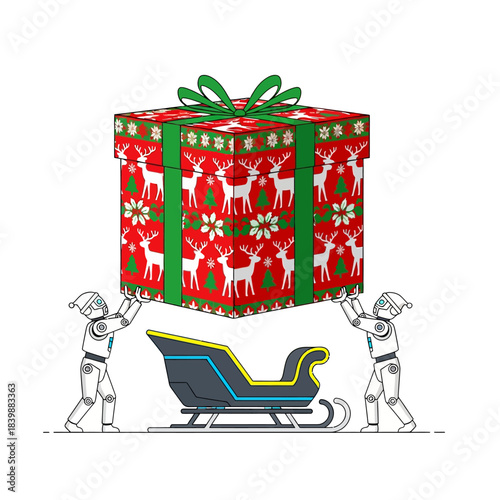 Ilustrasi vektor datar 2D yang menggambarkan dua robot pekerja memuat kotak hadiah Natal besar dengan pola mulus merah dan hijau ke atas kereta luncur Sinterklas yang futuristik.