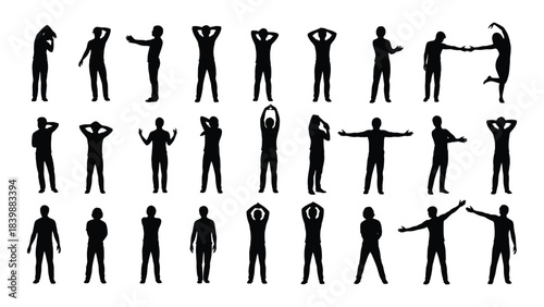 a collection of various human figures displayed in dynamic poses as a striking black silhouette