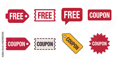 Set of colorful FREE and COUPON promotional icons in various shapes for marketing and advertising design use