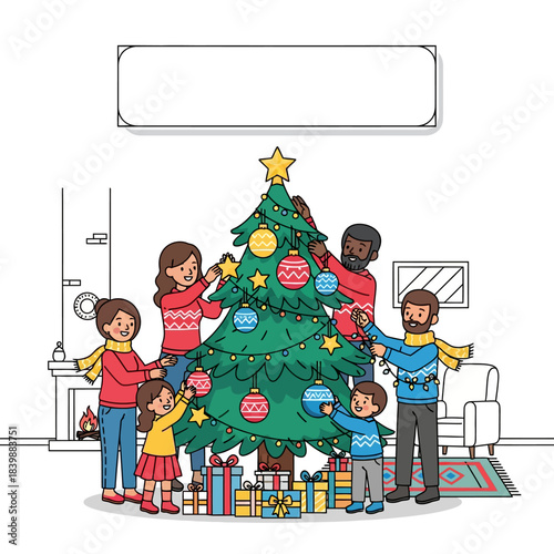 Ilustrasi vektor datar 2D cerah menampilkan keluarga multiras beragam menghias pohon pinus bergaya di ruang tamu dengan ornamen, bintang besar, hadiah, dan ruang salinan.