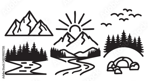 Simple mountain and forest landscape vector illustration design template