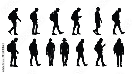 a collection of black silhouettes depicting people walking in various poses some with backpacks showcasing human movement silhouette