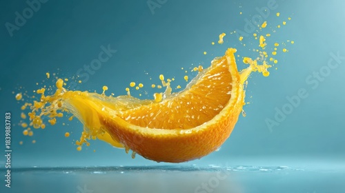 Fresh Orange Slice Splashes Water Droplets in Vibrant Blue Background Capturing Juicy Freshness and Refreshing Nature