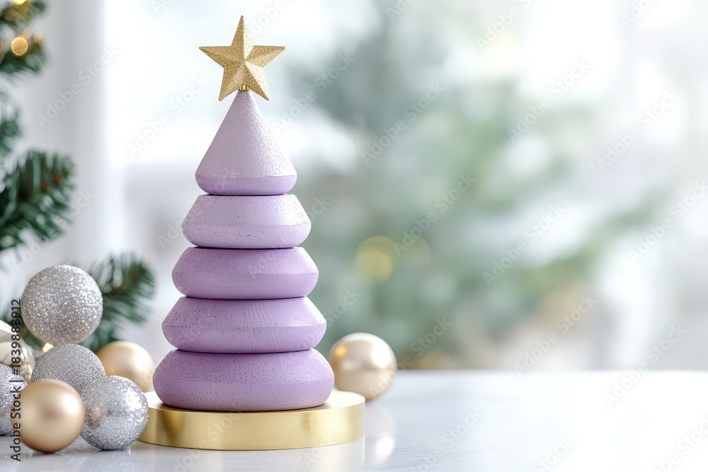 Obraz premium Decorative wooden holiday stacker toy presents a festive arrangement on a bright surface