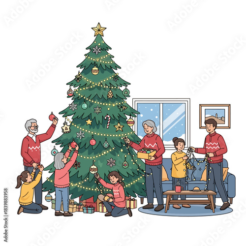 Ilustrasi vektor datar 2D yang hidup tentang keluarga multigenarasi yang bekerja sama memasang ornamen dan lampu pada pohon Natal besar di ruang tamu apartemen modern yang cerah, penuh keceriaan.