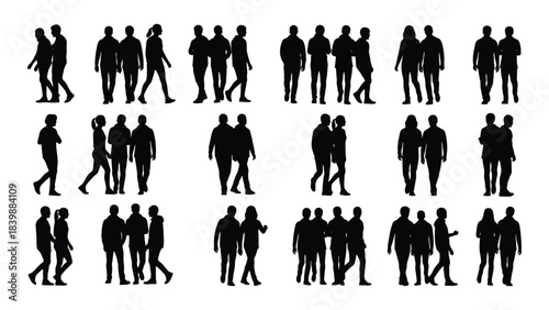 a collection of diverse human figures depicted as dark shapes against a white background showcasing various poses silhouette