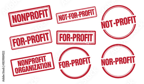 Red rubber stamp labels showing nonprofit, for-profit, and not-for-profit terms with vintage texture and bold typography