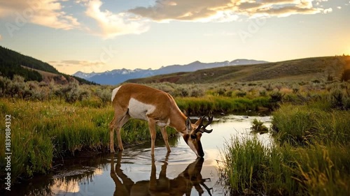 Pronghorn Antelope Drinks Water in Scenic Landscape at Sunset