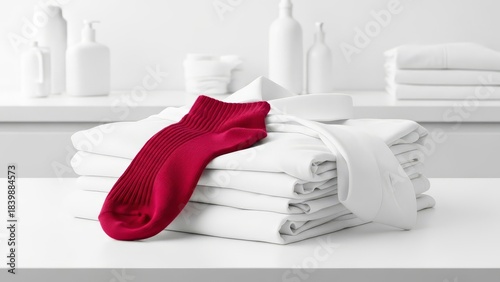 Red sock on top of pile of white folded laundry clothes on table concept.