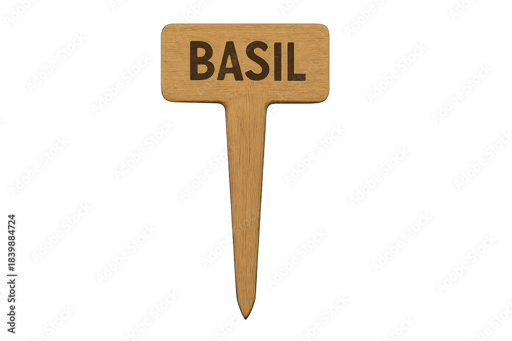 Fototapeta premium Wooden plant marker showing basil name for gardening