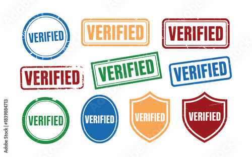 Colorful rubber stamp badges with VERIFIED text in various shapes and distressed textures for authentication, approval, and verification design use