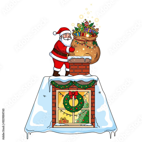 Vector illustration showing Santa Claus descending a chimney onto a snowy rooftop, carrying a magical sack full of brightly glowing Christmas ornaments and festive garlands.