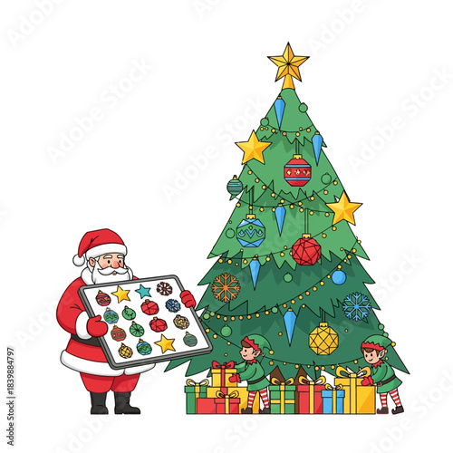 Ilustrasi vektor 2D datar: Sinterklas mengelola inventaris pernak-pernik dan tongkat permen di tablet, di samping Pohon Natal besar berhias bintang, sementara peri menyiapkan hadiah.