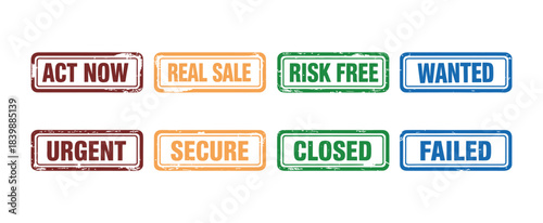Colorful rectangular rubber stamp labels with bold status text in distressed style for marketing, urgency, and business communication use