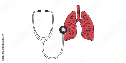 Continuous line drawing of a stethoscope examining human lungs with red and pink shading. Conceptual medical art for pulmonology, respiratory health, and organ examination.