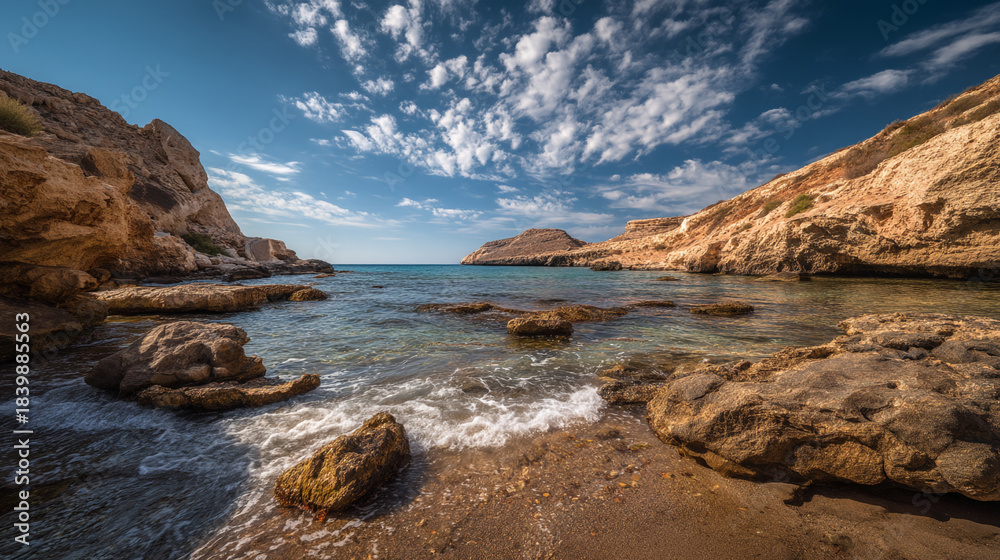 Naklejka premium Deserted Sandy Beach and Rocky Cliffs with Gentle Waves in a Secluded Coastal Bay on a Sunny Day