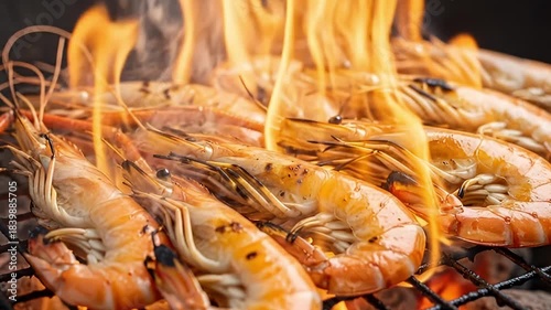 A tantalizing close-up captures an array of succulent, large shrimp (prawns) sizzling and cooking to perfection on a hot barbecue grill. Vibrant orange flames dance around the crustaceans, imbuing the