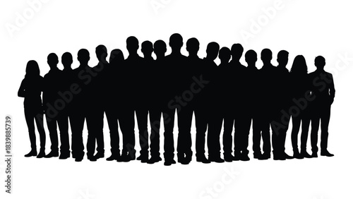a large group of people standing closely together depicted in a striking black and white silhouette