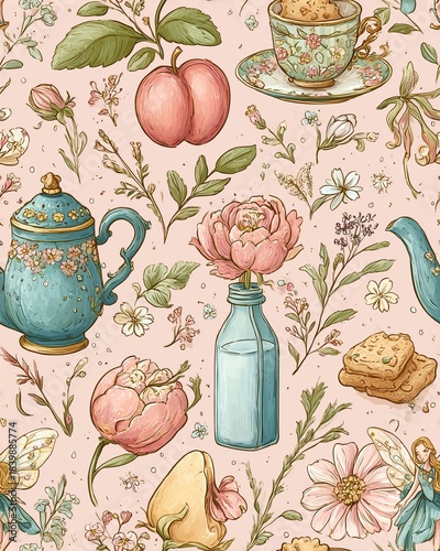 whimsical, watercolor, fairy, pastel, cottagecore, peaches, cookies, milk bottles, pale rose, dreamy, feminine, retro, romantic, cozy, soft details, vintage vibe, sweet treats, seamless, delicate, ill