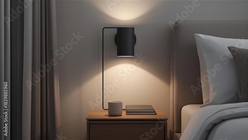 Realistic close-up bedroom nightstand and wall lamp, slightly dim lighting, clean minimalist design, modern tidy details.
