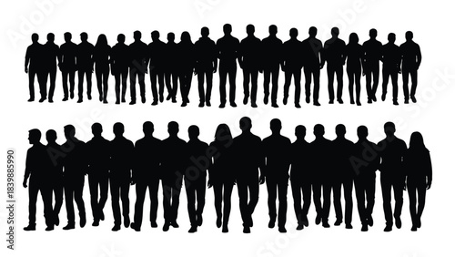 a large group of people are shown as solid black shapes aligned in two rows a striking silhouette