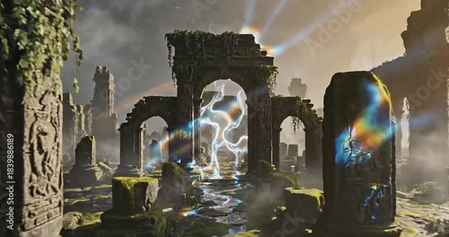Ancient Ruins with Mystical Energy and Light Rays.