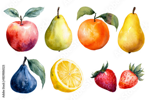Watercolor Fruits Illustration with Transparent Background Featuring Apples Pears Strawberries Lemons and Figs with Green Leaves Vibrant Colors and Detailed Brush Strokes, PNG