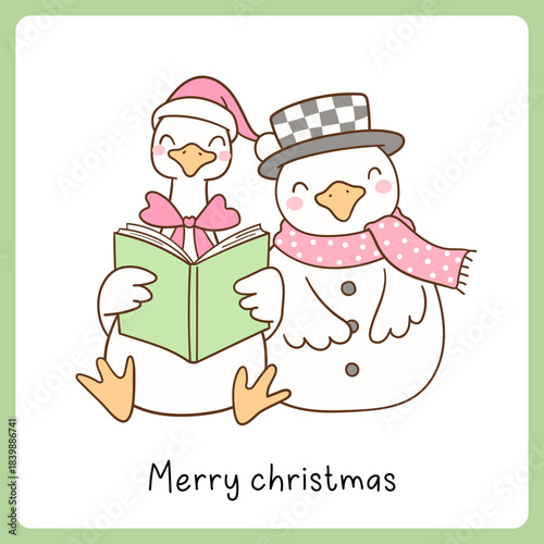 Draw vector cute silly goose reading book with snowman Merry christmas Bookish lover Doodle cartoon