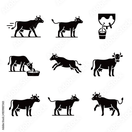 Dairy Cow Icons Set Milking Running and Drinking Water Poses