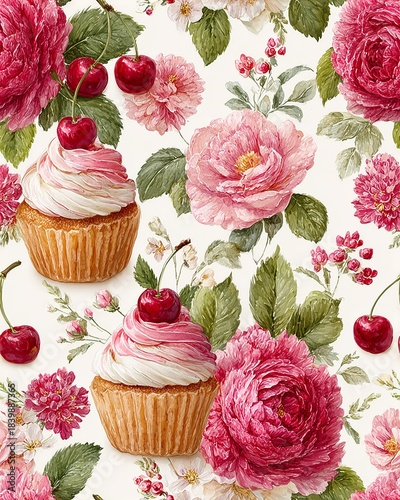 Whimsical pink rose dessert pattern with whimsical pink cupcake pattern in soft watercolor style, romantic pink cupcake pattern with cherries ,roses, retro feminine whimsical pink cupcake rose pattern