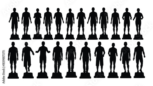 a collection of black human figures standing on platforms depicted in a striking and unified silhouette