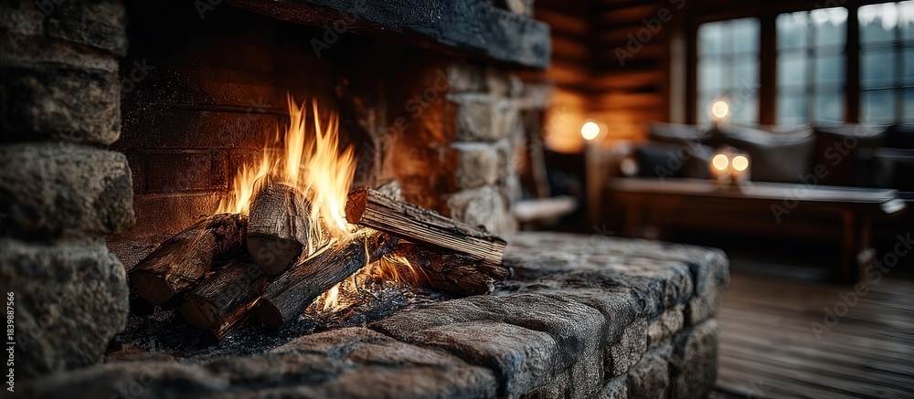 Obraz premium Cozy fireplace with burning logs in a rustic stone setting