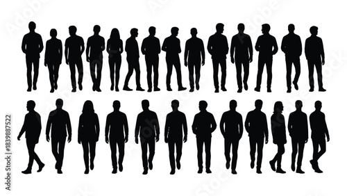 a large collection of people depicted as dark shapes against a white background showcasing a distinct silhouette