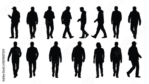 A diverse collection of black silhouettes depicting people in various casual poses and walking actions silhouette