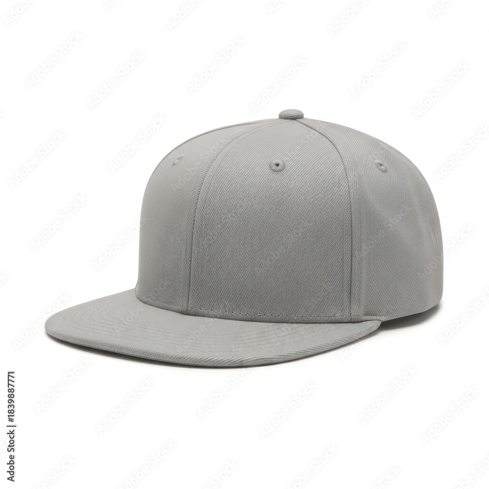 Fototapeta premium Stylish grey flat brim snapback baseball cap isolated on white for fashion and streetwear white background